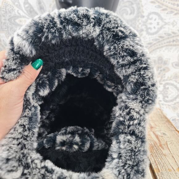 Russian Winter Rex Rabbit fur brimmed peaked hat black/gray Mob Wife Luxury - Picture 8 of 8